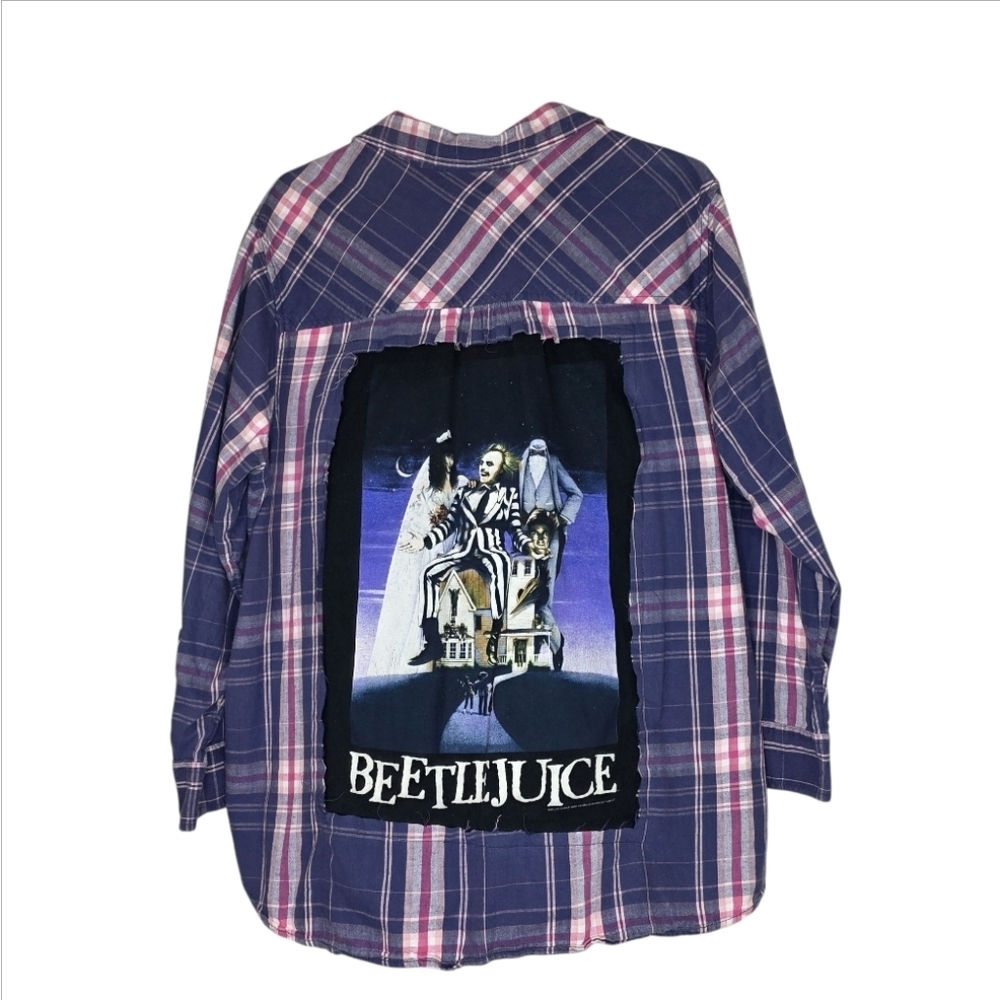 Boneyard Threadz Purple & Pink Plaid Flannel Beetlejuice Graphic Shirt XXXL
